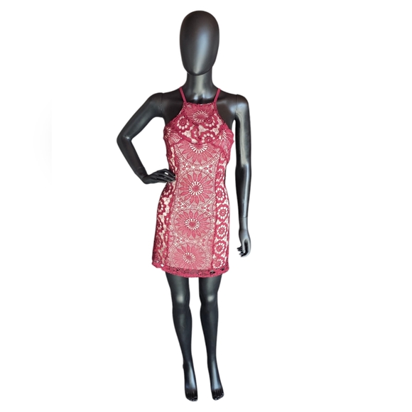 Francesca's Red Lace Halter Short Party Dress - Picture 2 of 9